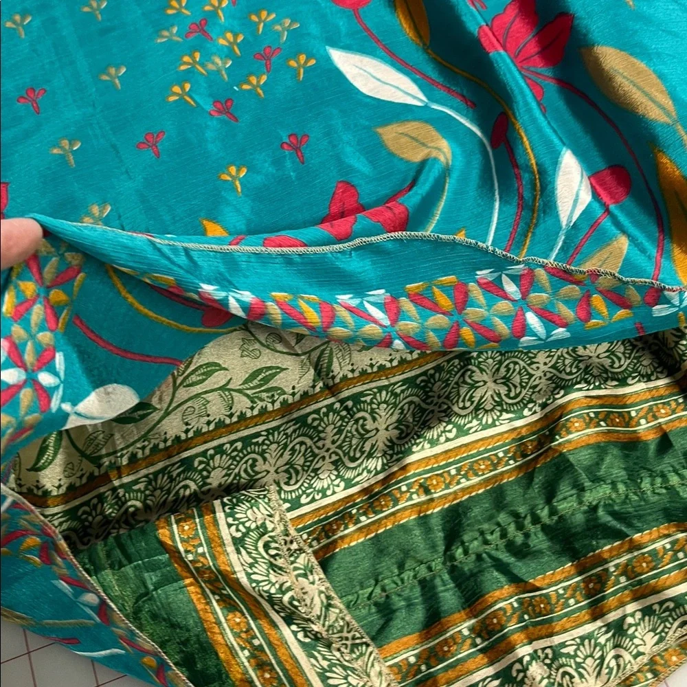 DARN GOOD YARN NWT Boho Granola 100% Silk Teal Sari Wrap Midi Skirt O/S (4-12)